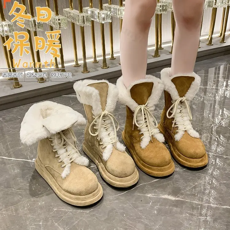 2024 neue verdickte Plüsch Schneeschuhe Frauen Winter Kunst pelz Mid-Calf Stiefel Frau Schnür Schneeschuhe Damen flache warme Baumwoll schuhe