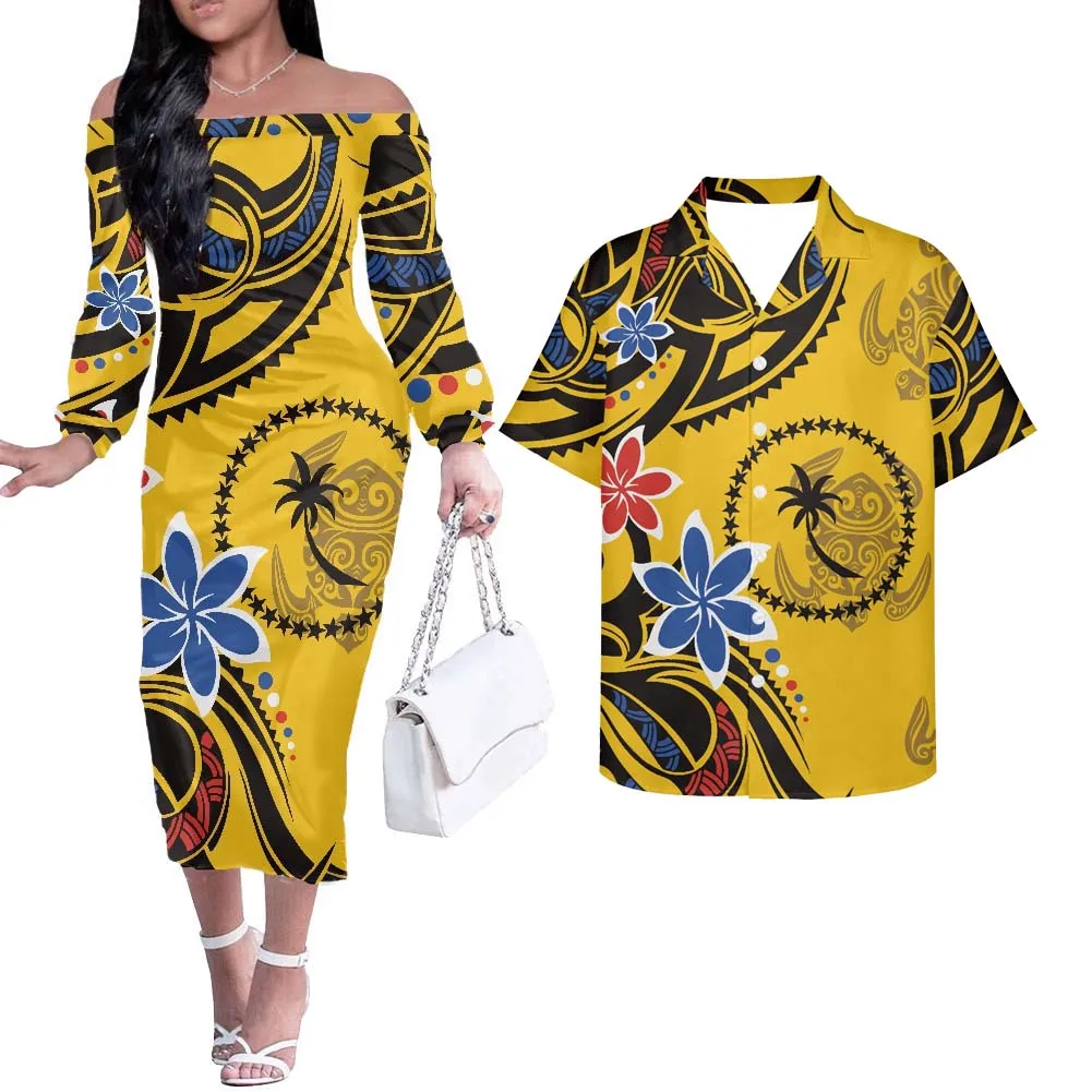 HYCOOL Puletasi Off Shoulder Long Sleeve Evening Dress Elegant Wedding Yellow Dresses For Woman Polynesian Tribal Clothing 2022