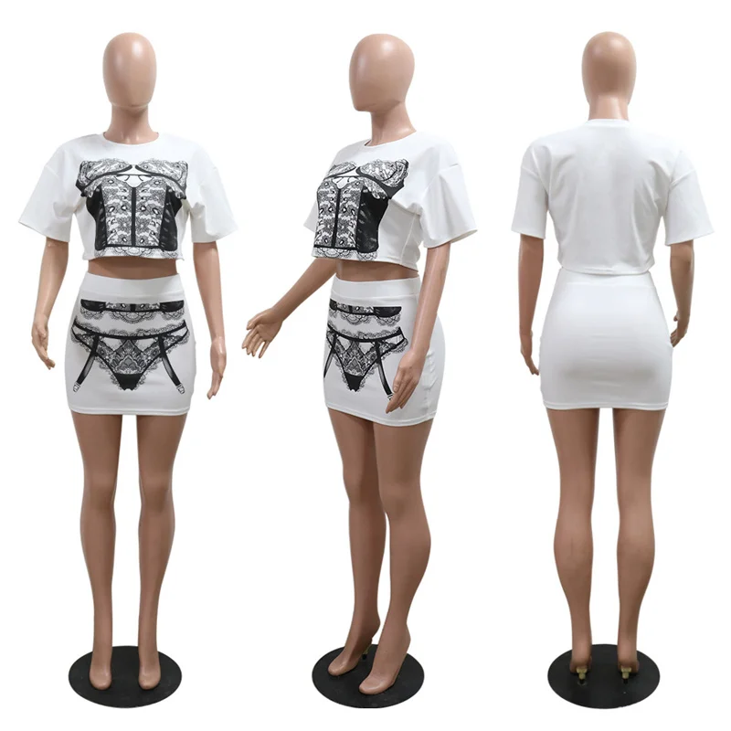 Lingeries Print 2 Piece Set Woman Outfit Y2K Clothes Summer Short Sleeve T-shirt Crop Top and Mini Skirt Matching Sets Clubwear