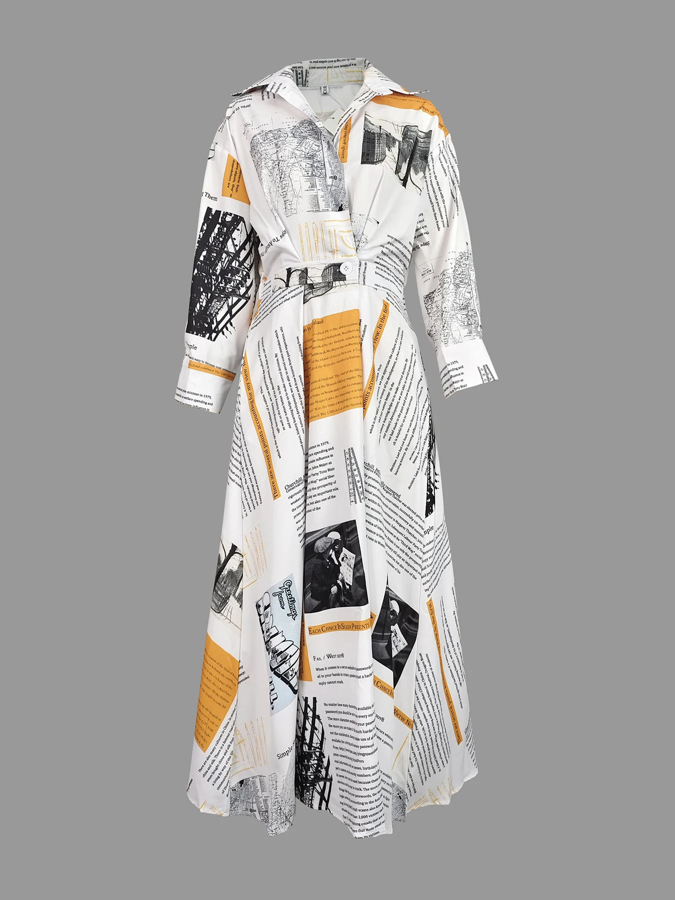 

Oshoplive Office Lady Fashion Newspaper Printed Formal Commute Midi Dresses 2025 New Long Sleeves Tied Waist Lapel A-Line Dress