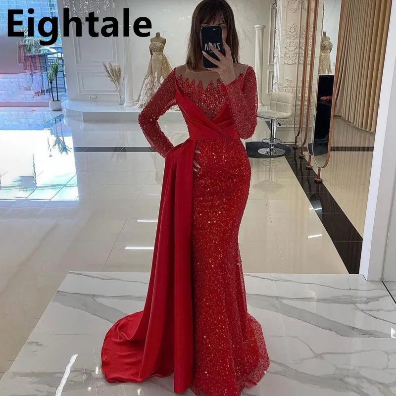 Customized 2025 Red Shinning Sequins Mermaid Long Sleeve Prom Dress Beaded Evening Dress Women Formal Party Gown Robes De Soirée