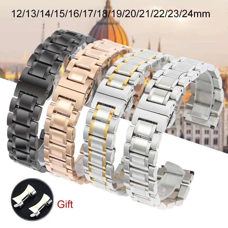 

5 Pointer Solid Stainless Steel Strap 12/13/14/15/16/17/18/19/20/21/22/23/24mm Butterfly Buckle Men Women Metal Watch Band