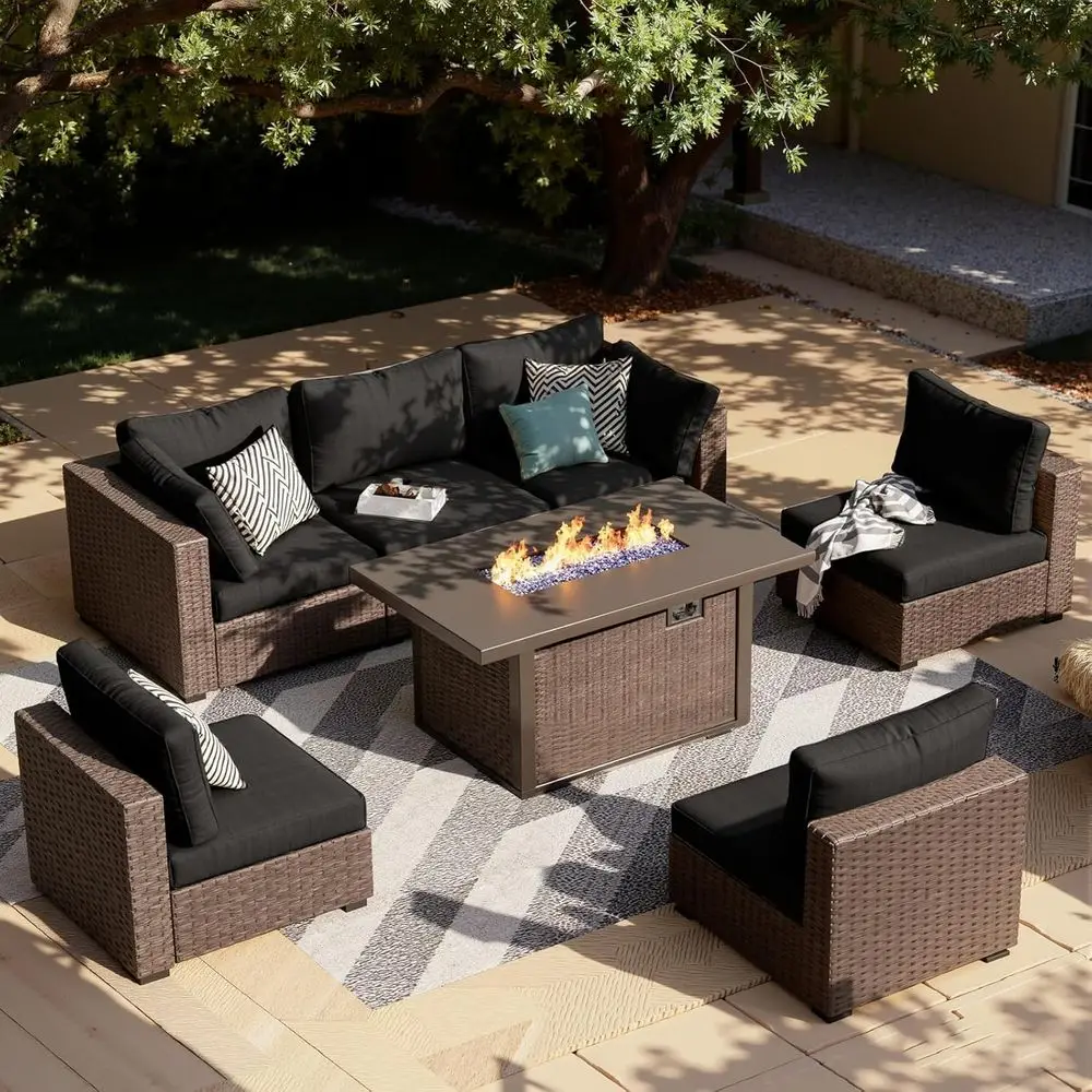 

7-Piece Outdoor Patio Sectional Sofa Set with 44 Propane Fire Table, Cushioned Garden Furniture for Backyard, Poolside, Black