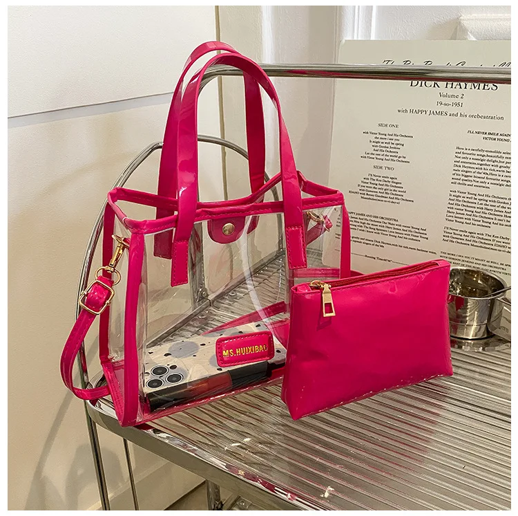 

Trendy pink jelly bag large capacity fashionable transparent handbag beach vacation style