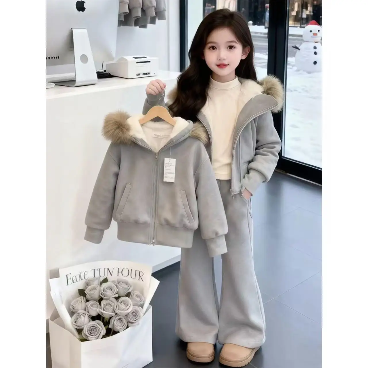 Fashion Girls Autumn Winter Plush Velvet Warm Set Cardigan Hooded Coat Bell-bottoms Pant 2pcs Outfit Children Boutique Clothing