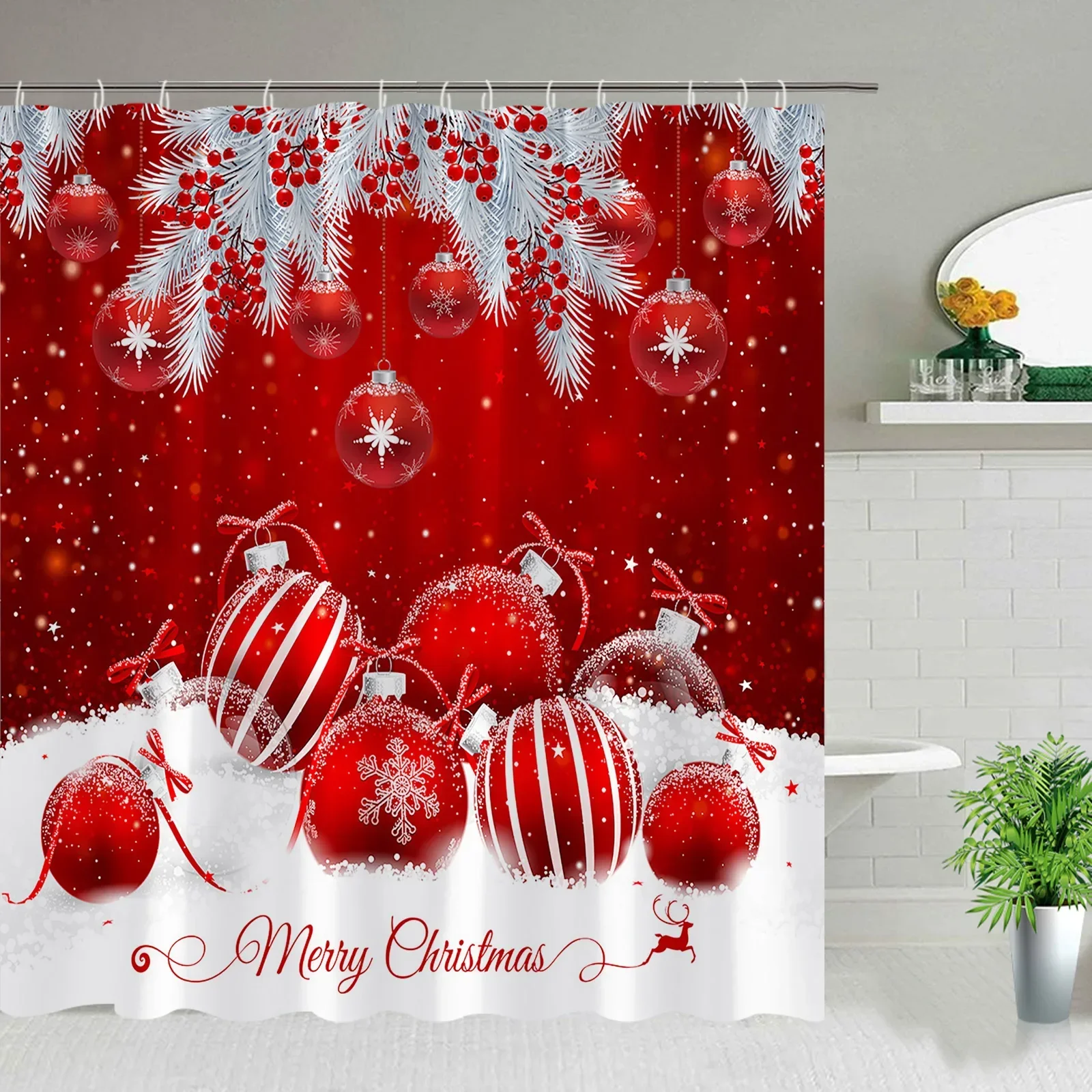 Merry Christmas Shower Curtains Red Xmas Ball Fir Snow Fabric Cloth Bathroom Curtain Set Bath Decor With Hook Polyester Washable