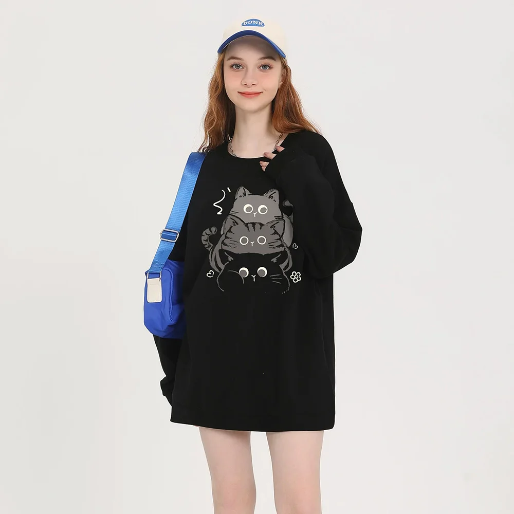 New Women Solid Color Cat Print Loose T-shirt Spring Autumn Fashion O-Neck Long Sleeve Casual Daily T-shirt Basic Pullovers