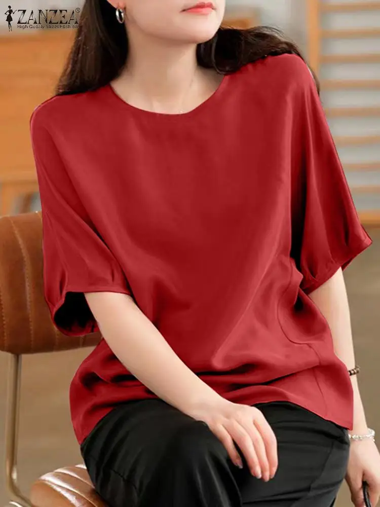 ZANZEA Korean Simple Women Blouse Round Neck Loose Tops 2024 Summer Half Drop Shoulder Sleeve Shirt Blusas Casual Solid Tunics