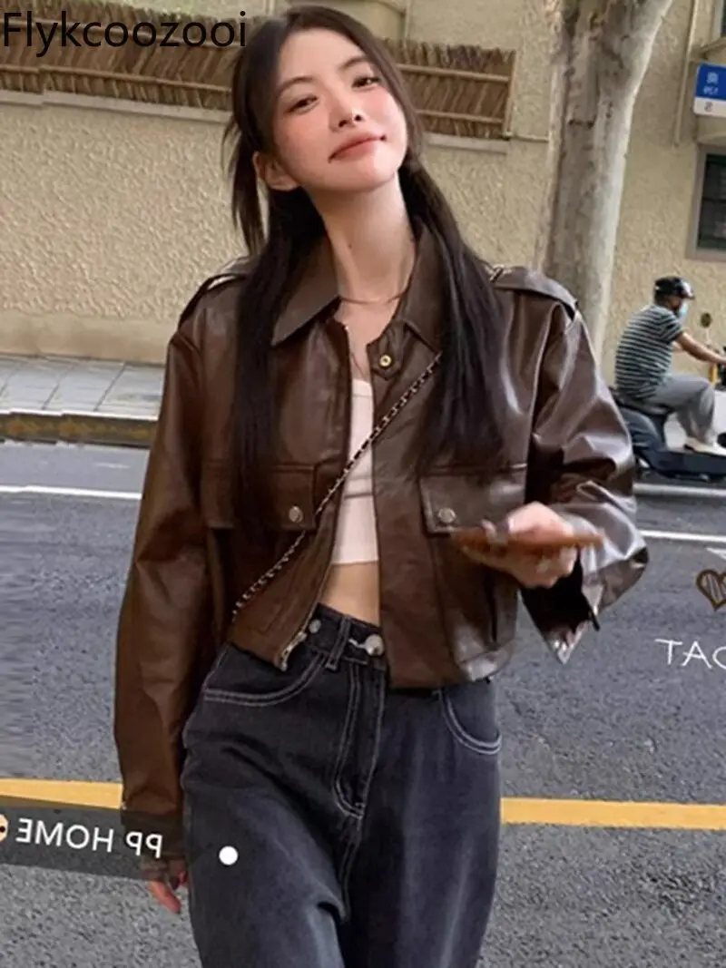 Brown Pu Leather Coat Female Spring and Autumn Short Hong Kong Style Jacket Network Red Motorcycle Clothing Chaqueta Mujer