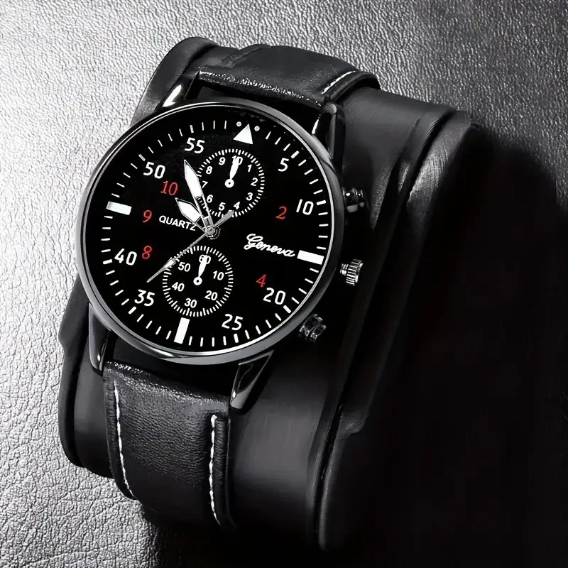 1pc/4pcs  Men's Fashion Black PU Strap Watch Set with Accessories, Casual Business Sports Style, Men's Watch Set (No Box)