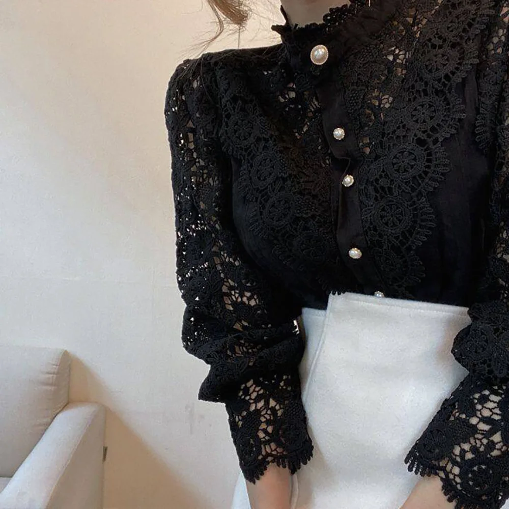 Spring Women Shirt Petal Sleeve Stand Collar Hollow Out Flower Lace Patchwork Shirt All-match Women Lace Blouse Button White Top