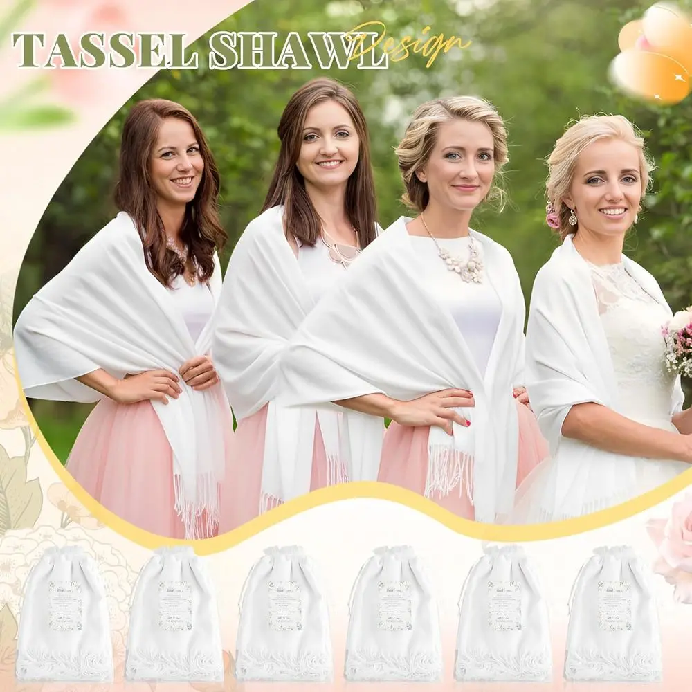 مجموعة شال أنيقة مع بطاقات كبيرة وحقيبة أورجانزا بيضاء لأوشحة الزفاف النسائية وأغطية وصيفات العروس ومفضلات الحفلات