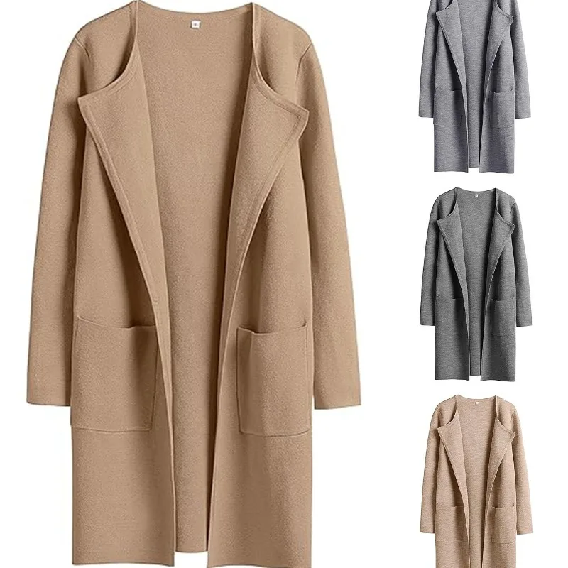 

High Quality Solid Color Women Cardigan Blends Long Coats Casual Straight Wool Jacket Loose Turn Down Collar Outwear Autumn