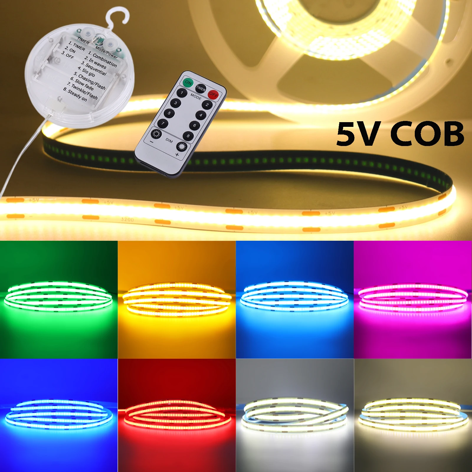 3AA Battery Box 5V COB Led Strip with Remote Control 8 Lighting Mode 320LEDs/m Flexible Tape Pink/Red/Blue/Green 3mm 5mm 8mm