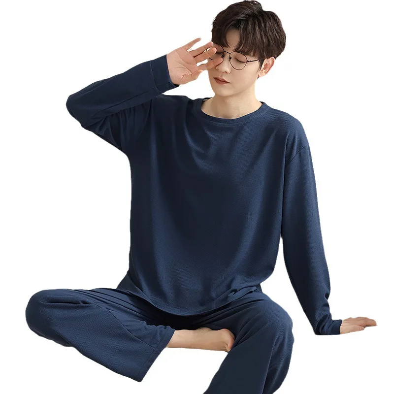 Autumn Pajamas Spring New Pants Two-piece Men's Cotton Youth Sleeved Long Home Clothing Set Korean Simple Pjs Pyjamas Hombre