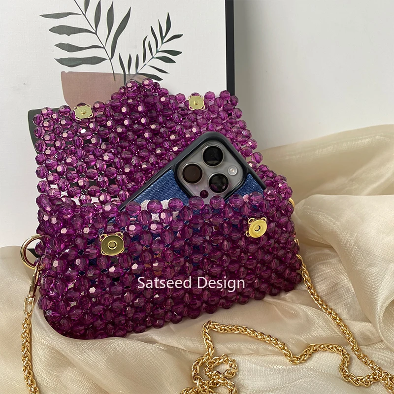 Imagem -06 - Purple Bead Shoulder Purses Hand-woven Celebridade Design Original Ladies Party Bolsa Cor Personalizada Artesanal Simples