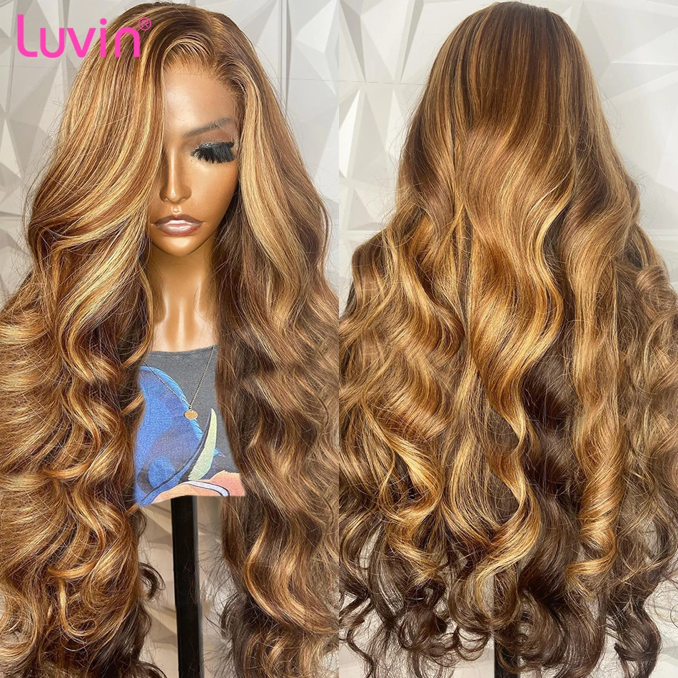 Luvin 30 32 Inch Highlight Body Wave 13x6 Lace Front Human Hair Wigs Ombre 4/27 Colored Water Waver 13x4 Frontal Wig For Women