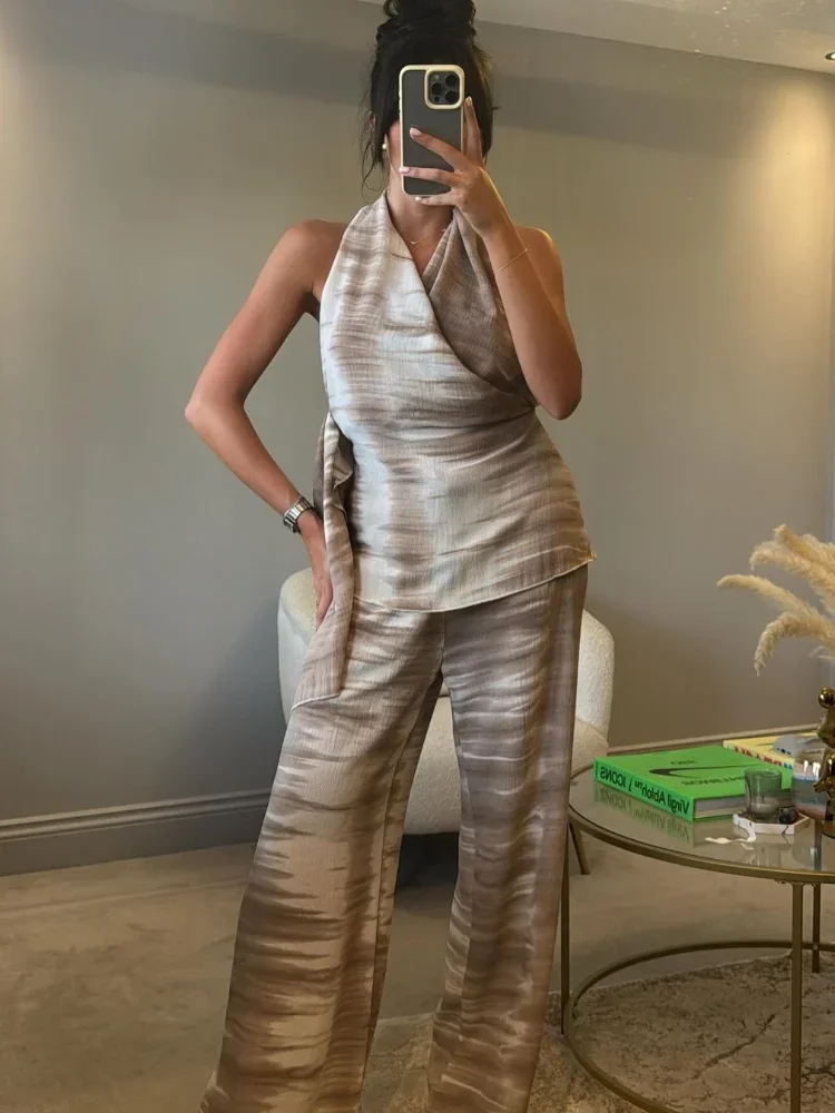

Casual Tie Dye Halter Tank Set Women Asymmetrical Backless Top Loose Wide Leg Trousers Outfit Summer Holiday Lady Suit