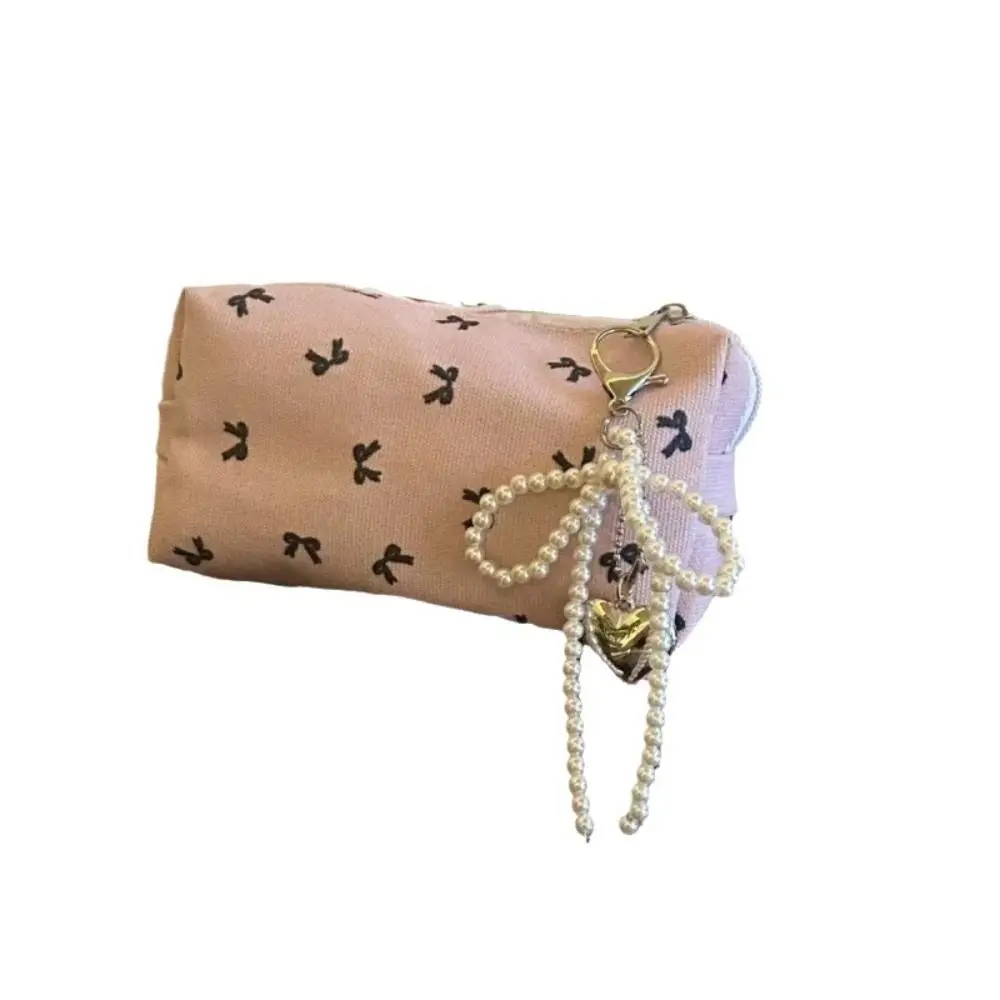 Trendy Canvas Cute Embroidered Bag Bowknot Square Shape Stationery Bag Pencil Case