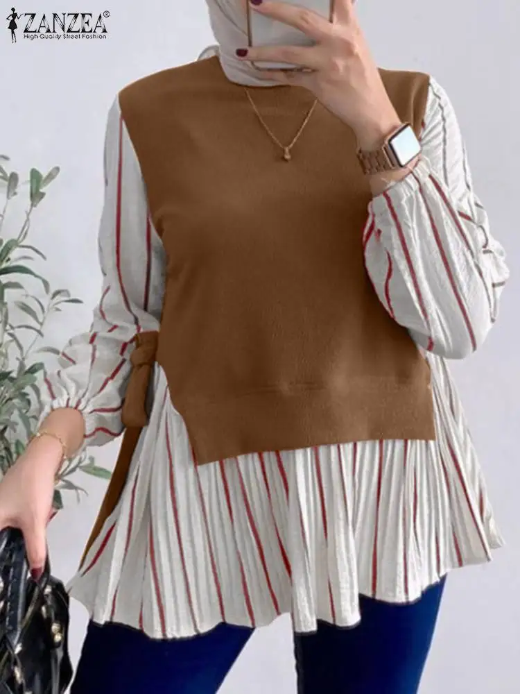 Women Muslim Fashion Blouse ZANZEA Spring Long Sleeve Tunic Tops Casual Loose Abaya Turkey Hijab Blusas Striped Patchwork Shirt