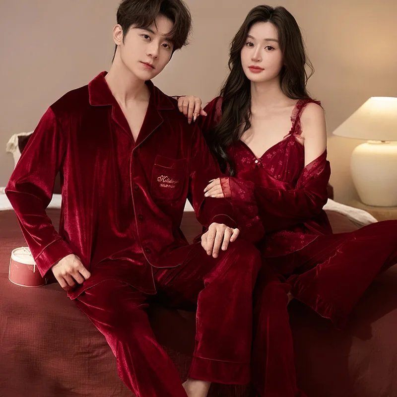 

Autumn Winter Women Velvet 3PCS Pajamas Set Men Shirt Pants 2Pcs Sleepwear Loungewear Sexy Lace Velour Homewear