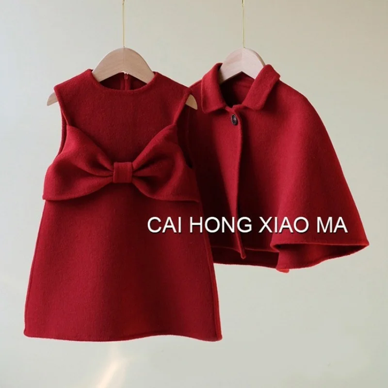 

01-In Stock Instant Delivery Children's Winter Girls' New Year Outfit Red Woolen Suit Children's Fashionable New Year Dress