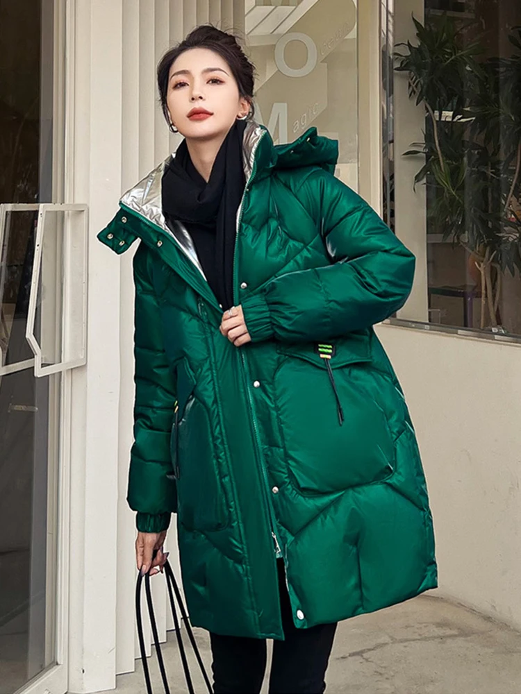 KBAT Black Letter Print Glossy Parka Coat Women\'s Thicken Winter Hooded Loose Jacket Female Windproof Rainproof Warm Outwear