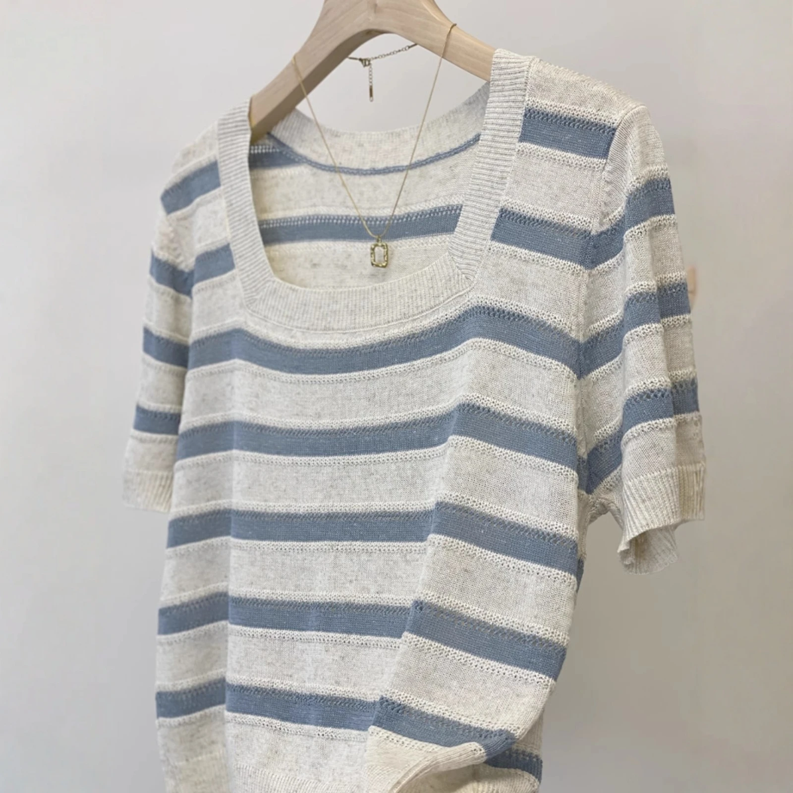 

Women Fashion Striped Basic Cropped Knit Sweater Vintage Square Neck Short Sleeve Female Pullovers Tops Loose Knitted Short Tees
