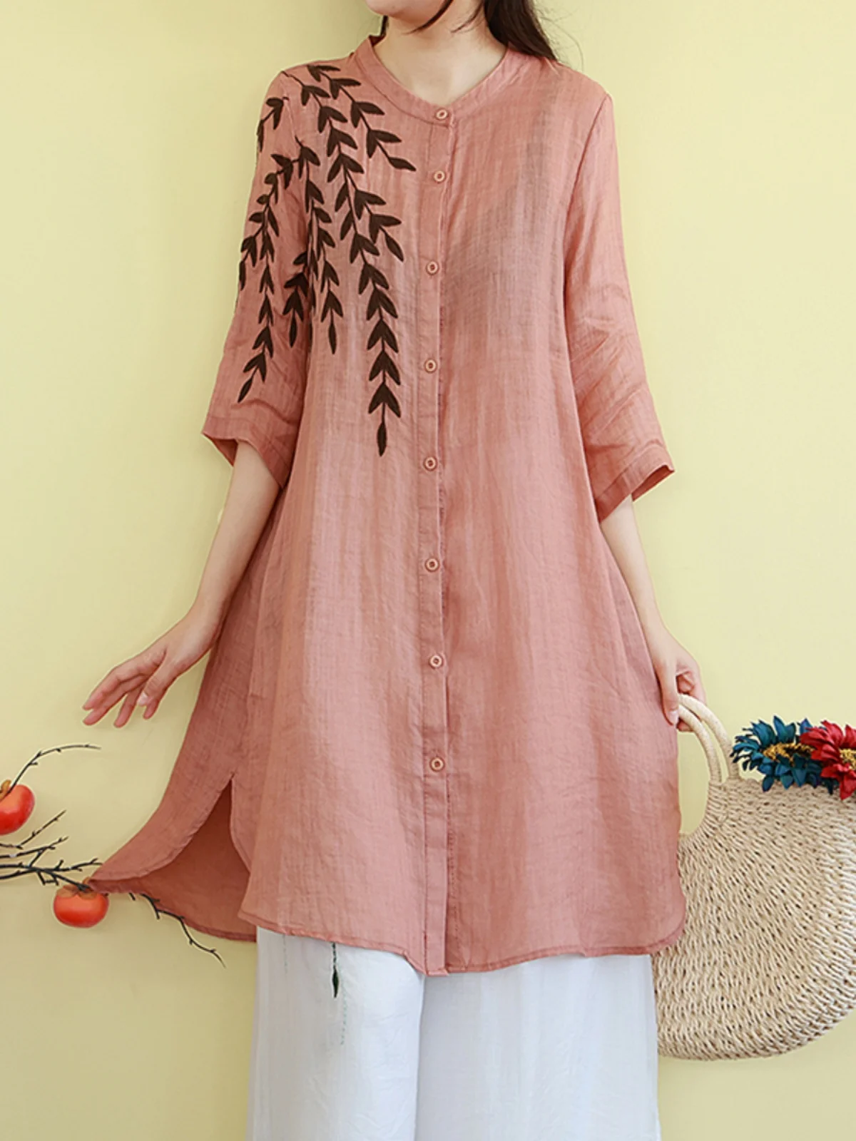 

Retro Color Embroidered Cotton Linen Shirt Women's Loose Long Sleeve Outerwear Summer Commute Style round Neck Coat