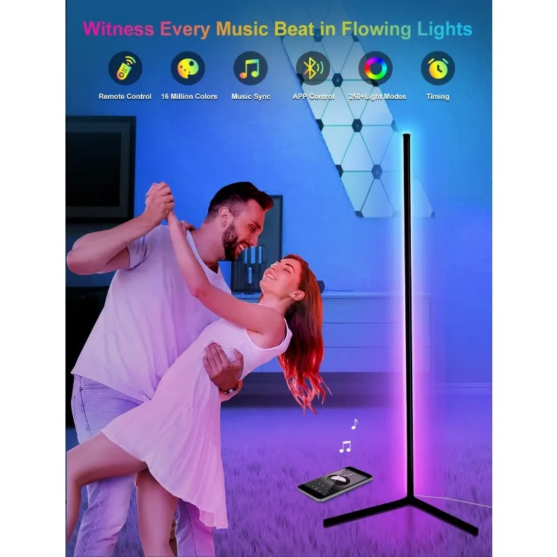 Corner Floor Lamp,65” Color Changing LED Floor Lamp with Music Sync,Modern Mood Lighting Corner Lamp