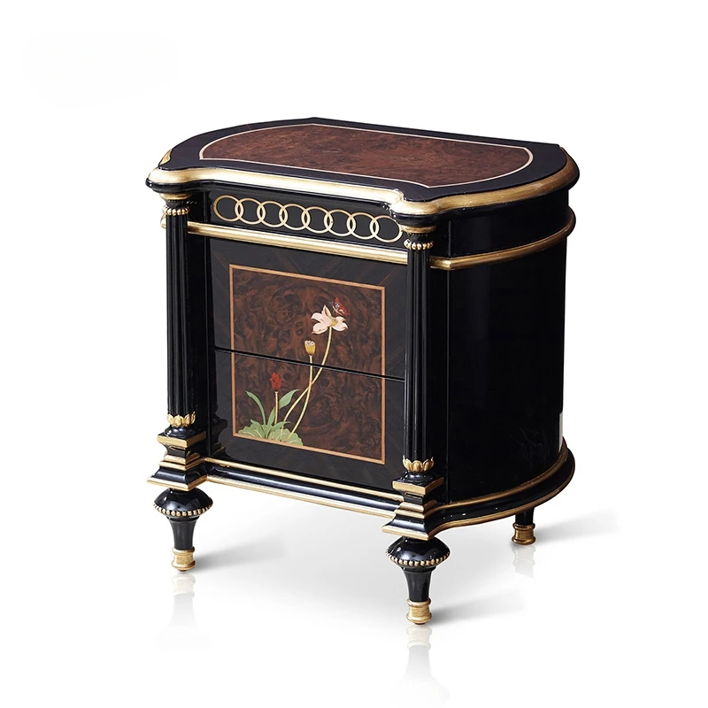 Luxury Antique Nobility Bedroom Furniture High Gloss Veneer Nightstand Gold Foil Decoration Flower Pattern Bedside Table