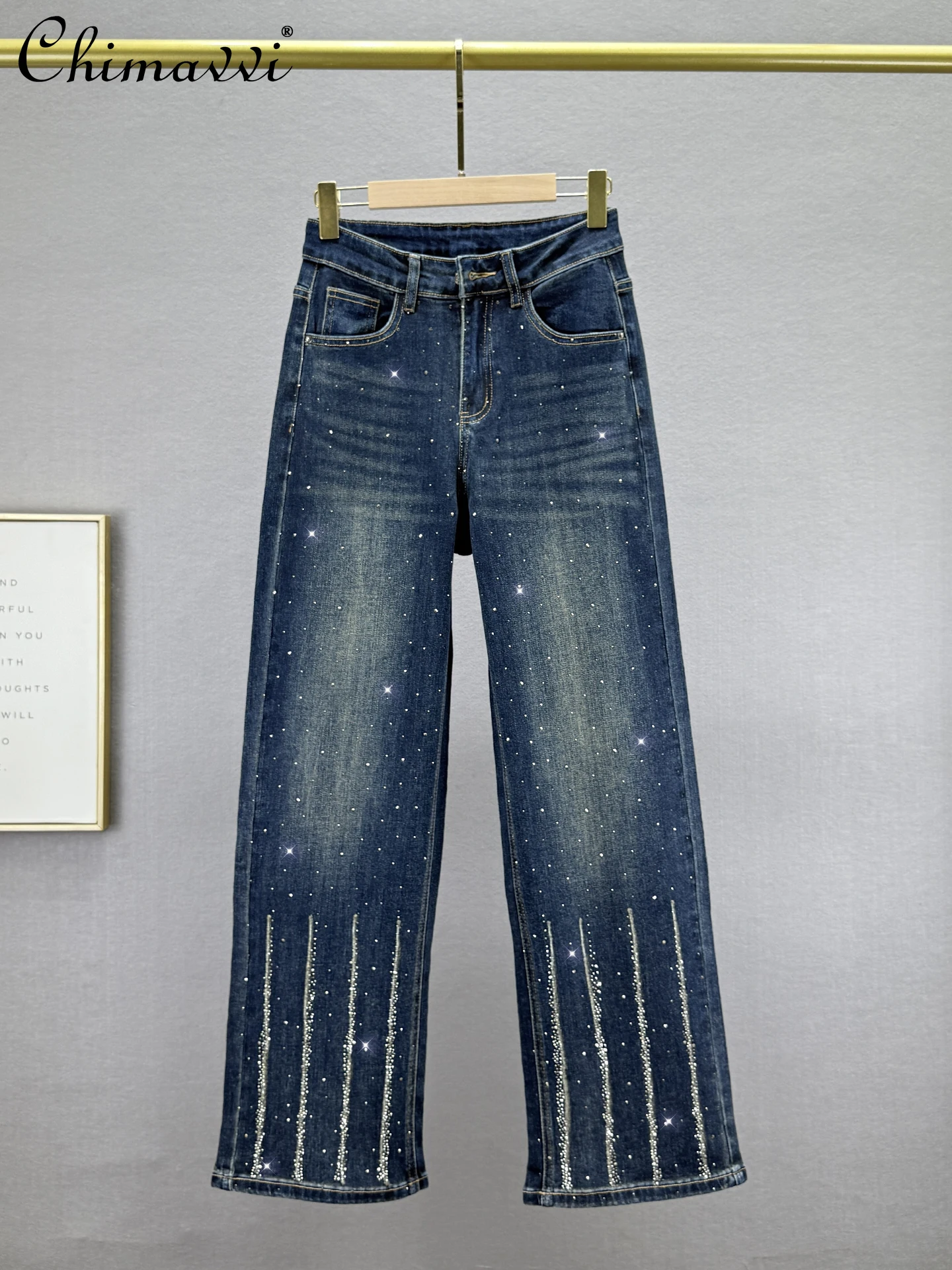 

Heavy Rhinestone Jeans Women Straight-leg Pants 2025 Autumn New Fashion High-waisted Loose Slim European Extended Length Pants