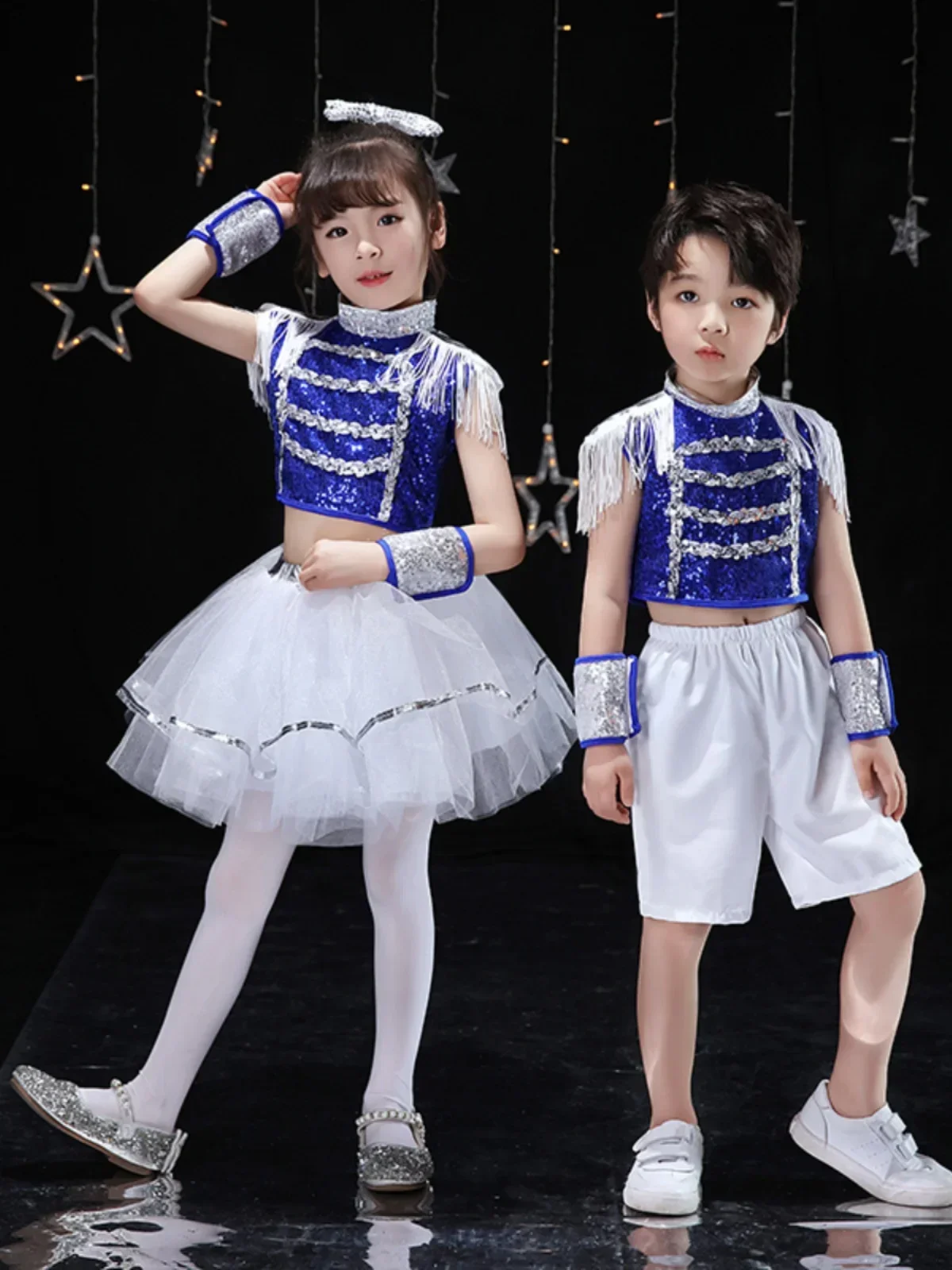 Net Red Children Jazz Cheerleading Dance Skirt Set Boys Girls Walk Show Table Modern Dance Hip Hop Sequin Performance Clothes