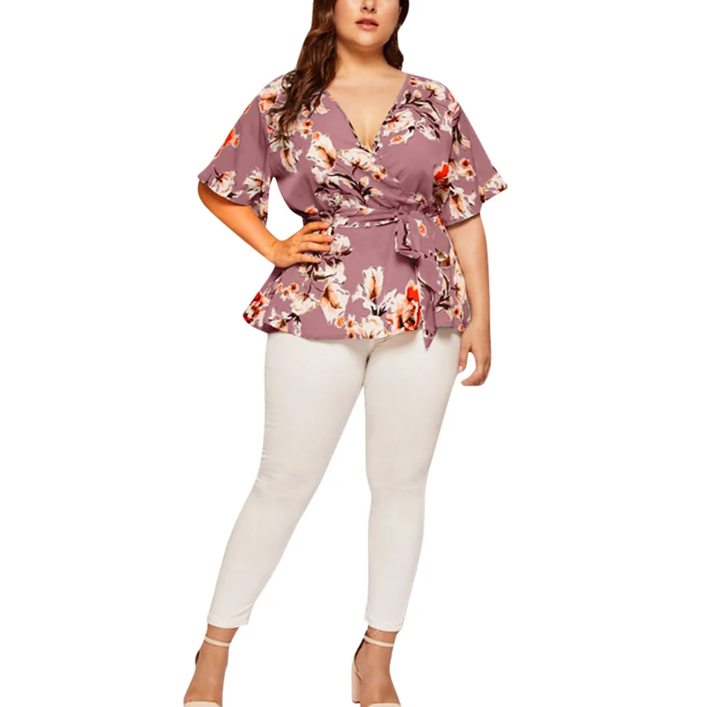 2024 Summer Plus-size Sexy V-neck Short Sleeve Printed Waisted Strap Loose Chiffon Tops Graphic T Shirts Odzież damska 3XL 4XL