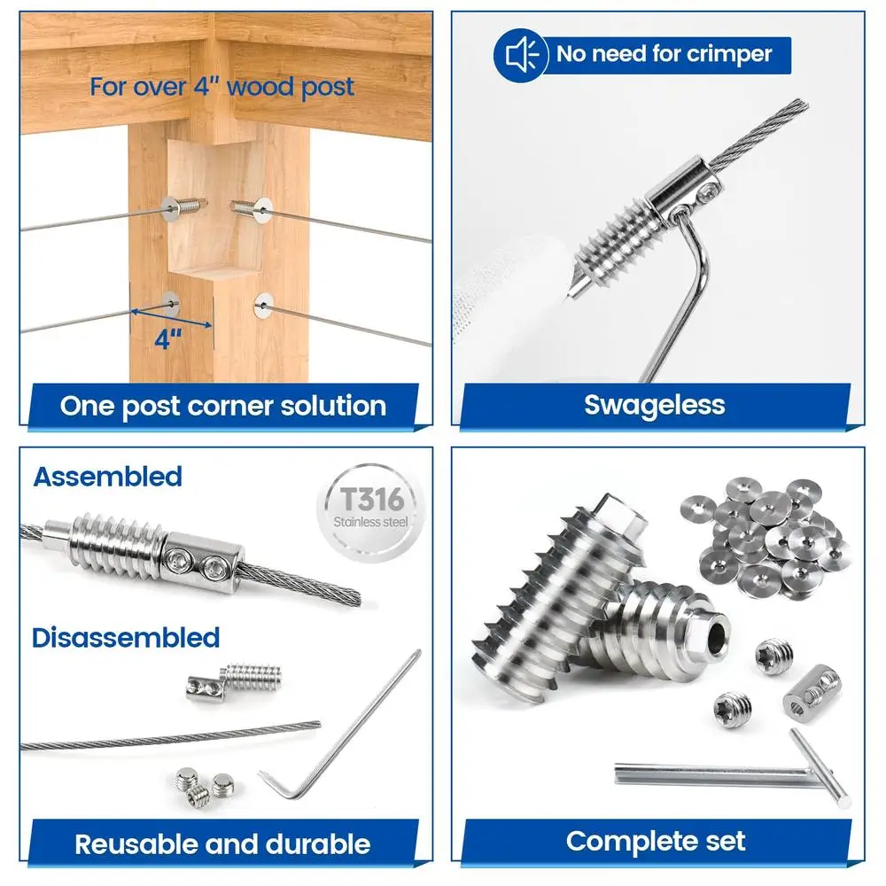 Kit de barandilla de cable invisible Casquillos tensores Solución de esquina de acero inoxidable Nivel 4x4 en ángulo T316 Reutilizable sin botín Paquete de 20