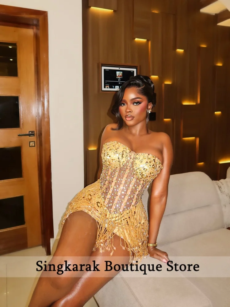 Gold Strapless Beaded Mini Prom Party Dress Black Girl Tassel Diamonds Gems Birthday Cocktail Party Hoco Gown Customized image 3