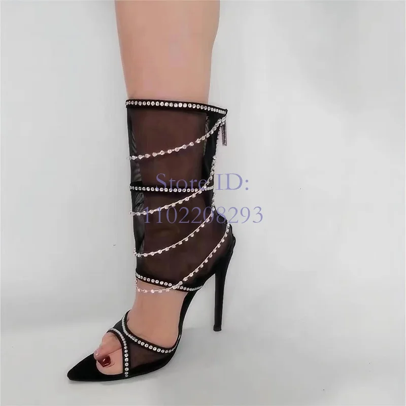 Crystal Chain Pointed High Heeled Boots Mesh Fabric Hollow Thin Heel Sandals Zipper Cover Heels Summer Women Open Toe Shoes 2024