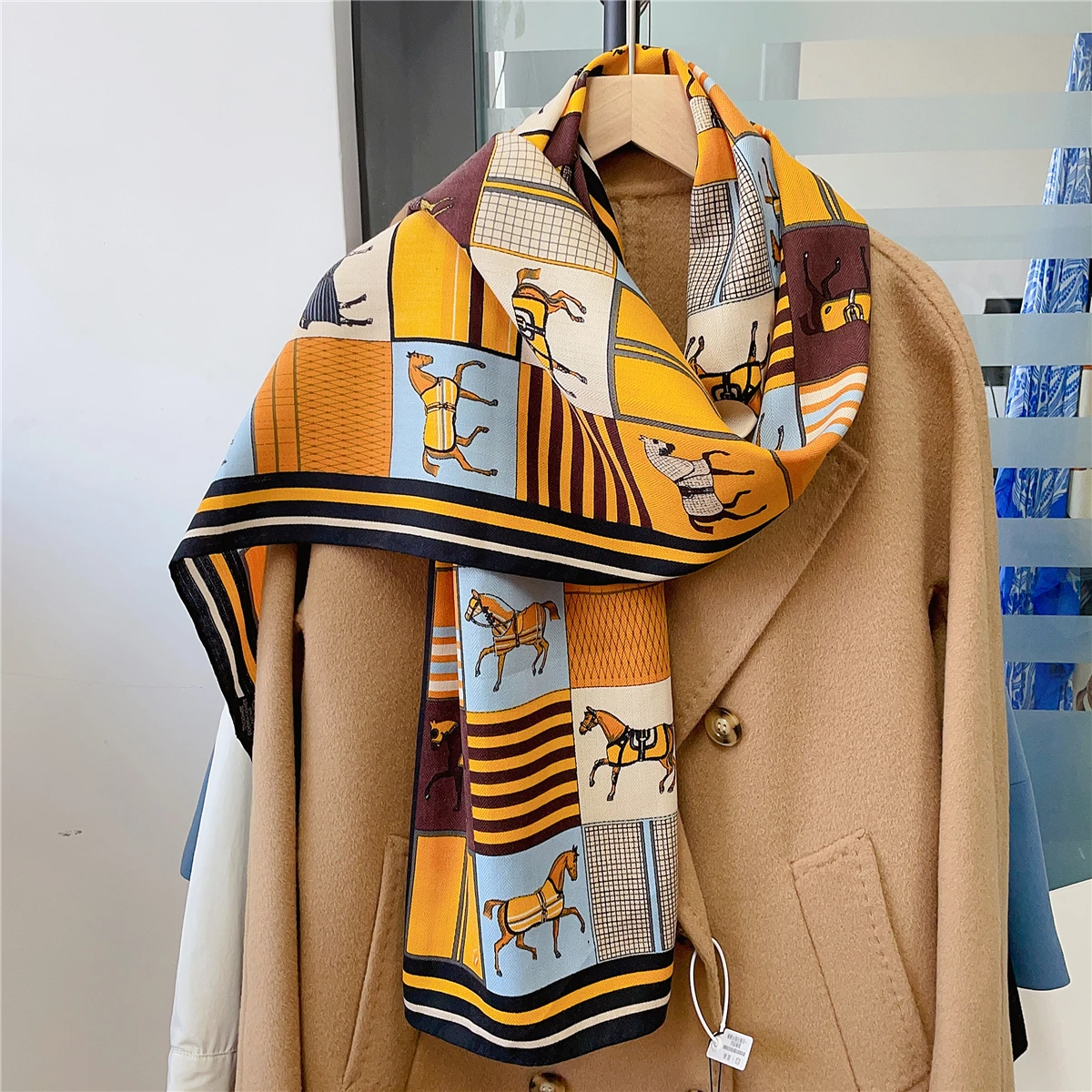 160x33CM Luxury Winter Silk Cashmere Scarf Women Plaid Horses Manual Hand Rolled Shawls Warm Long Scarves Wraps Pashmina Bandana