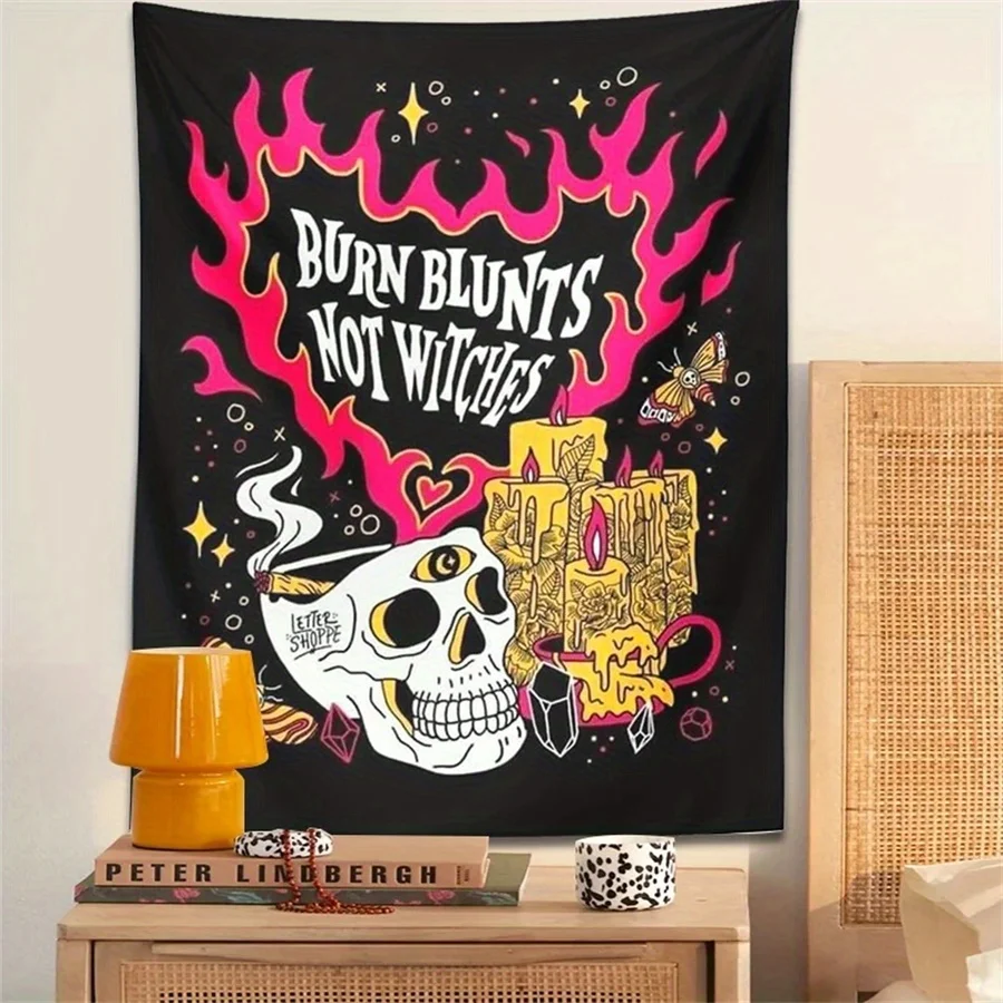 1pc Boho Witch Tapestry Wall Hanging  Vertical Psychedelic Bohemian Wall Cloth With Skull Moth & Tarot Moon Suitable For Decor G