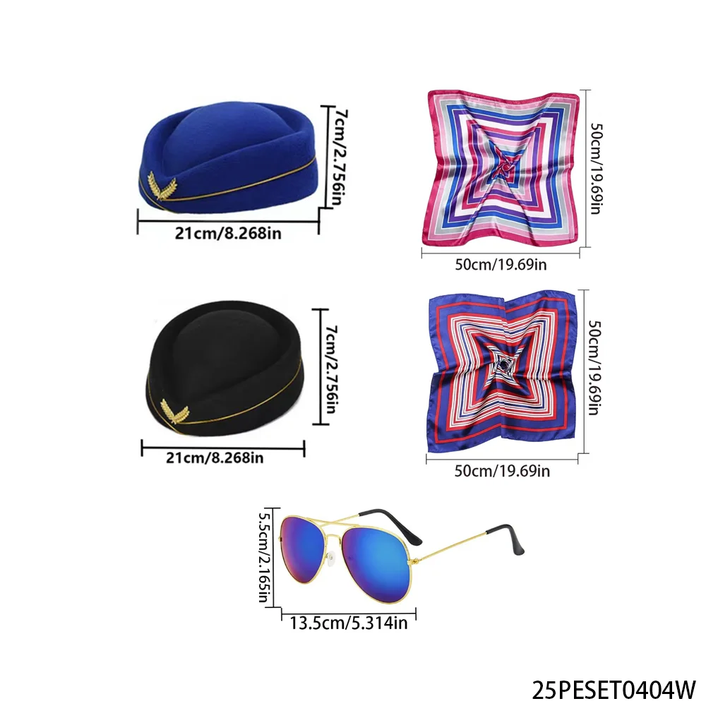 PESENAR Bluesy stewardess kostuumset badge blauwe hoed, vliegtuig oorbellen, sjaal witte handschoenen, cosplay outfit