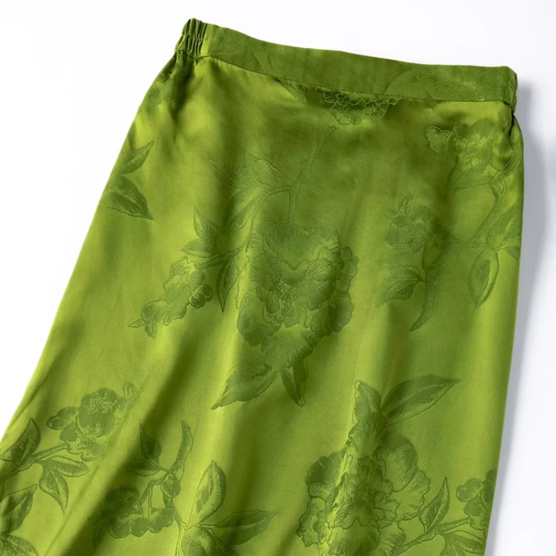 تنورة Birdtree 100% من حرير التوت الأخضر، فساتين مستقيمة للنساء من قماش الجاكار بخصر مطاطي وفتحة جانبية، صيف 2025 جديد D57211JF