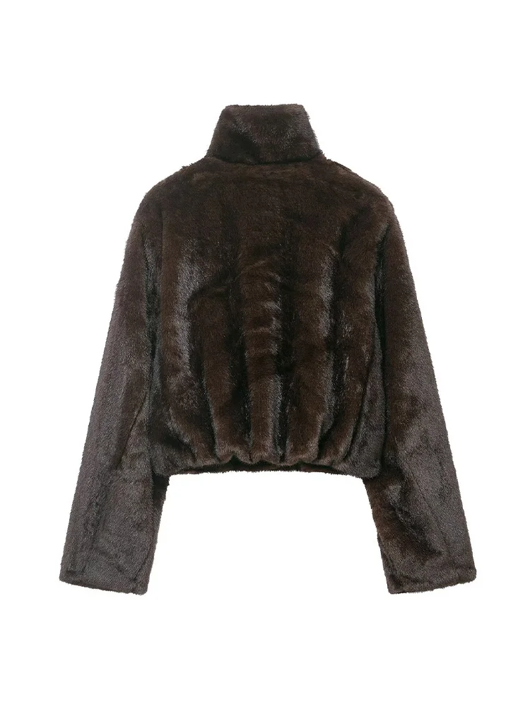 HH Women Solid High Collar Single-breasted Pockets Decorated Short Coat Woman Fashion Long Sleeve Warm Winter Faux Fur Jacket