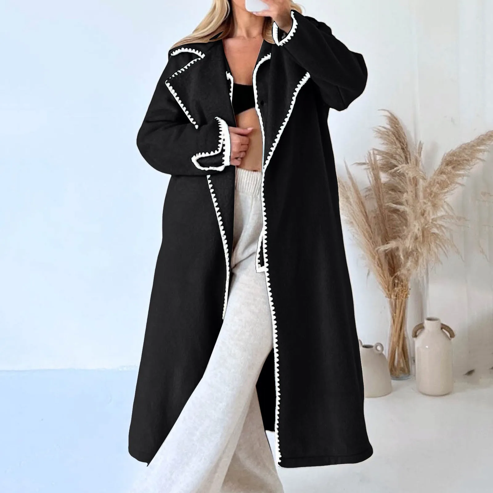 Double Woolen Long Sleeved Braided Overcoat Women Lapel Loose Fit Long Windbreaker Fall Winter Open Front Casual Jackets