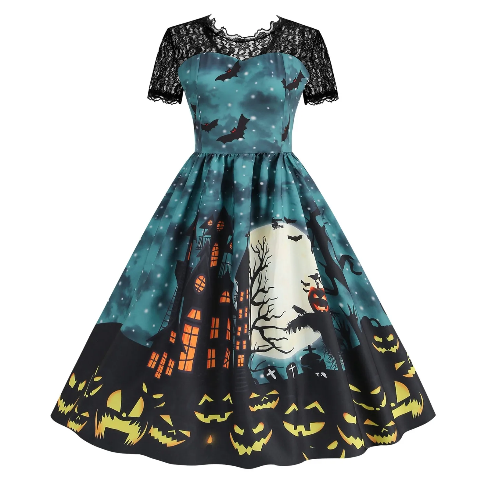 Women Halloween Party Dress Hollow Lace Retro A-Line Big Hem Haunted House Bat Printed Short Sleeves Cosplay Evening Vestidos