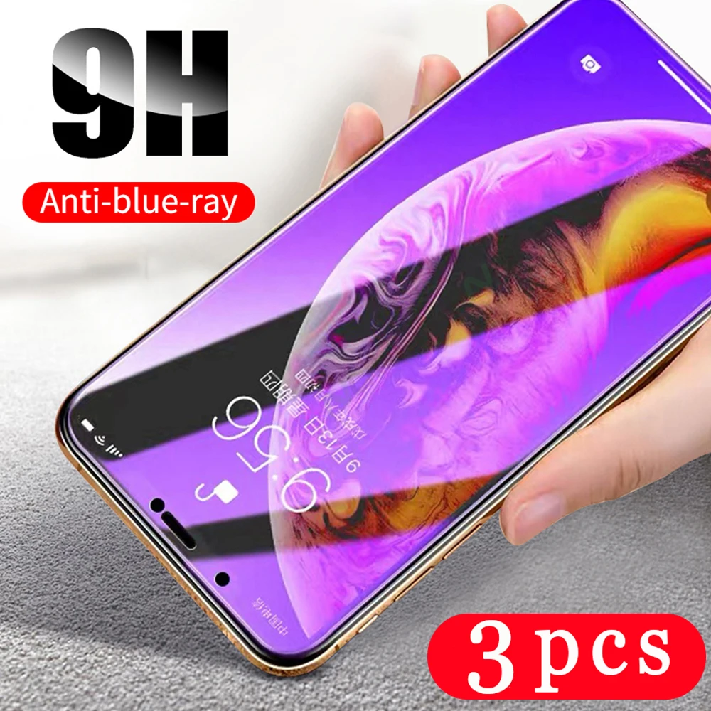 3Pcs Anti Blue Light Tempered Glass For IPhone 15 12 11 Pro XR X XS Max 8 7 6s 14 Plus 13 Mini SE2022 Screen Protector