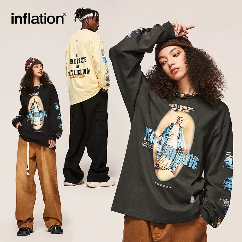 INFLATION Streetwear Oversize T-shirts Men Spring Long Sleeve Tees Unisex High Street Graphic Tops Plus Size 2473S23