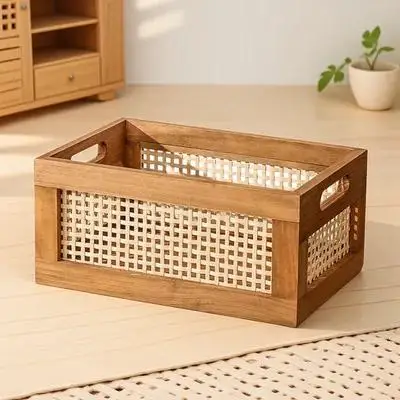 

Solid Wood Storage Basket Woven Decorative Home Organizer For Bedroom Bathroom Desktop Snack Book Clothes Sundry Holder
