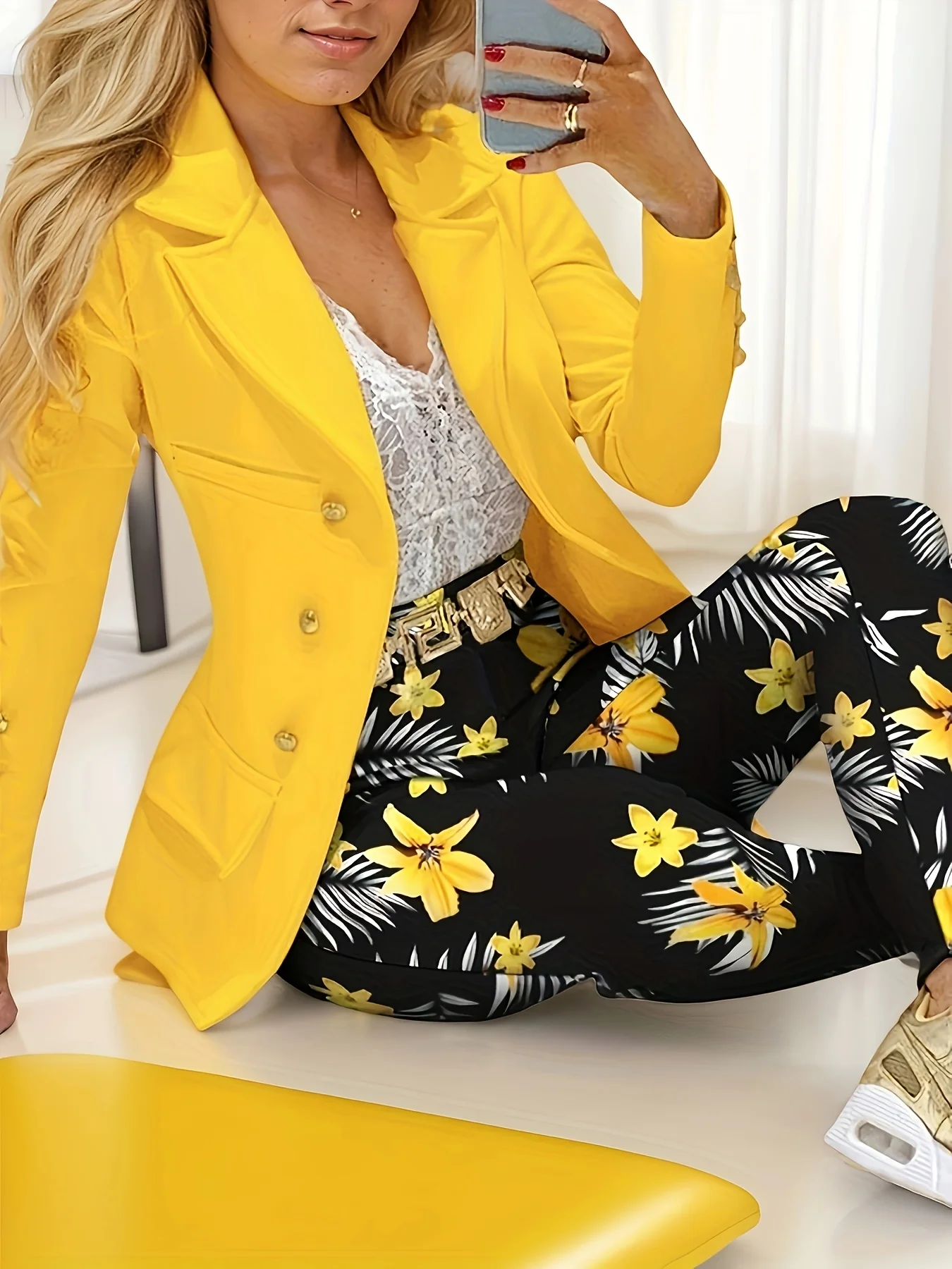 

Желтый повседневный костюм-двойка с цветочным принтом, двубортный костюм с лацканами и комплект узких брюк, женская одежда