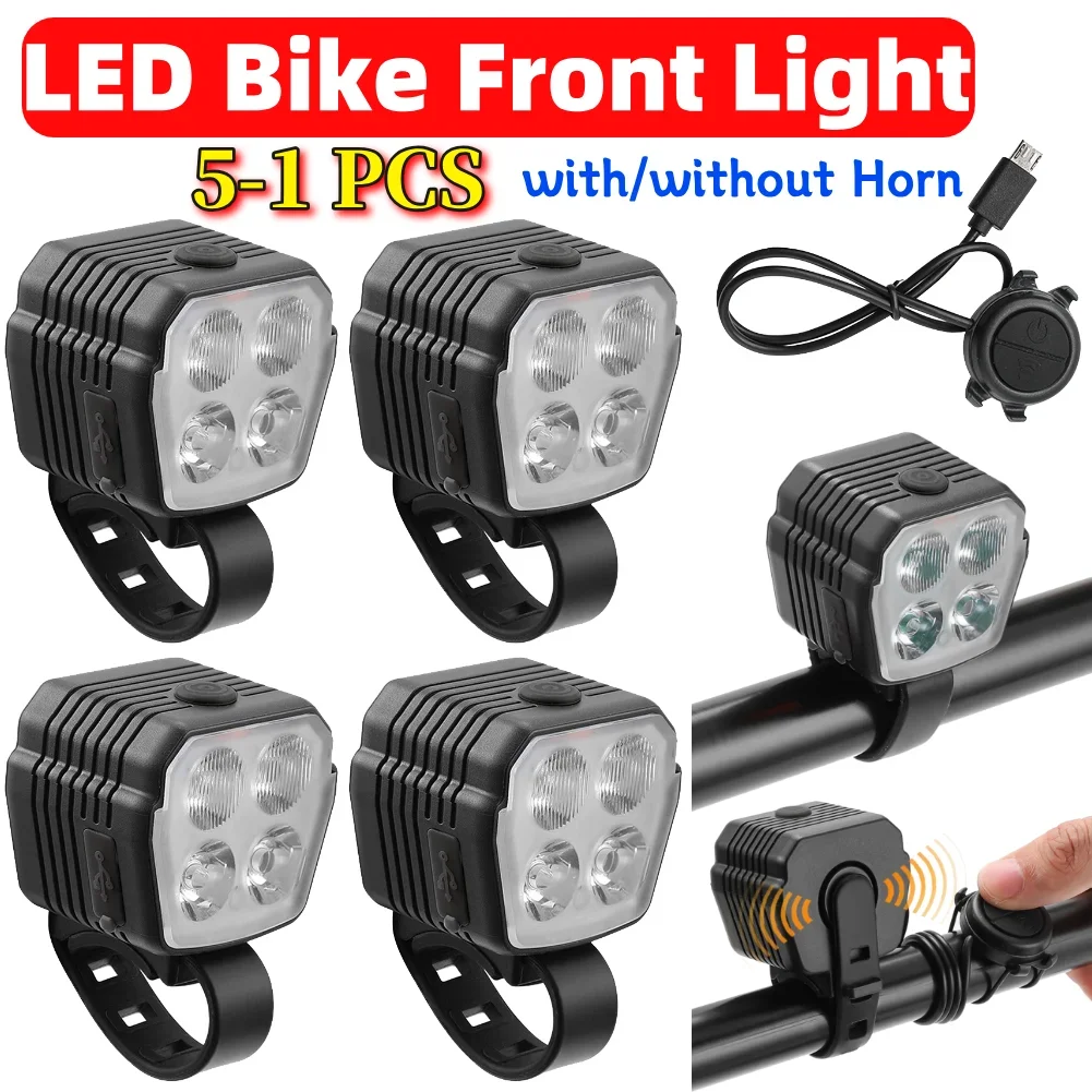 

5-1PCS LED Bike Front Light Bicycle Light USB Charging with Horn Cycling Safety Flashlight 2 In 1 7 Light Modes for Night Riding