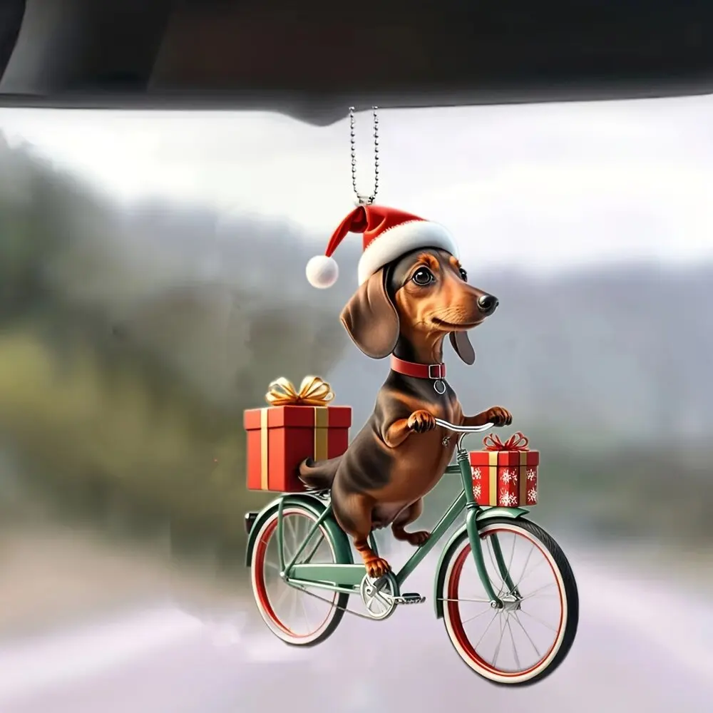 1pc Christmas Riding Dog Acrylic Hanging-Holiday Vintage Bike with Gift Car and Bag Keychain Decoration